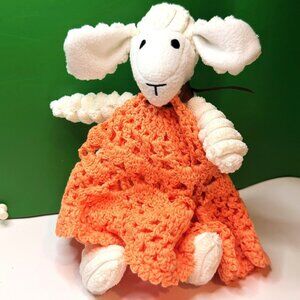 White Sheep Plush Lovey Stuffed Animal Lamb Orange Crochet Dress Toddler Gift